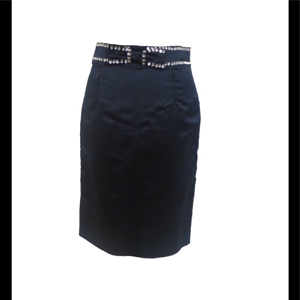 Valentino Navy Blue Satin Rhinestone Bow Waist Pencil Skirt • Size 42 🔴